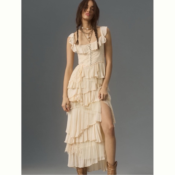 Anthropologie Cream Ruffled Off-Shoulder Tiered Dress - Picture 4 of 15